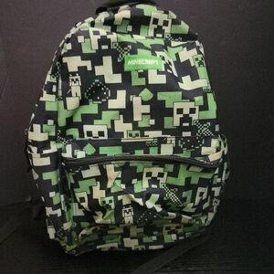 Minecraft Backpack Black Green Pixelated Block Pattern Padded Gaming‎